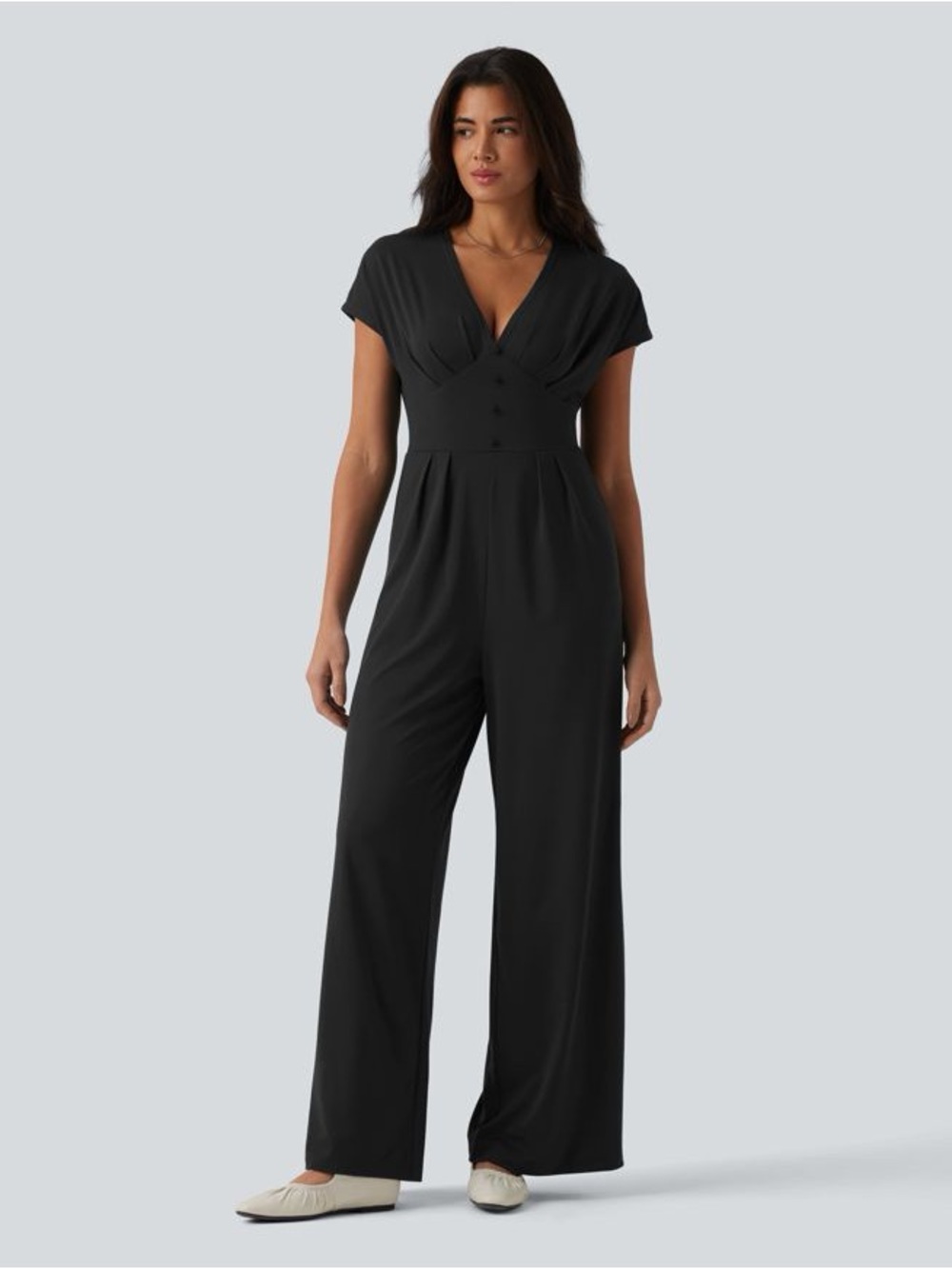 Halara V Neck Short Sleeve Wide Leg Casual Jumpsuit with Pockets-Easy Peezy Edit